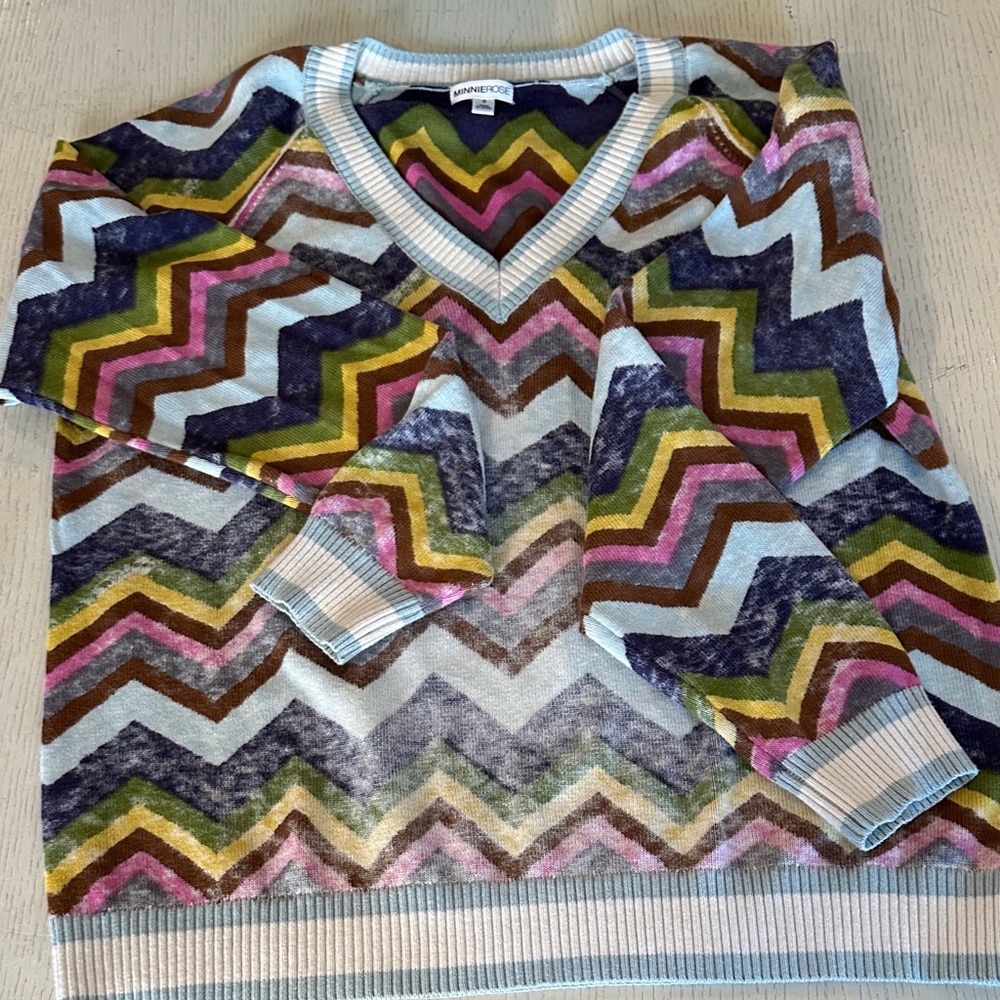 MISSONI-Style Multicolor Zigzag V-Neck Sweater - Light Blue, Pink, Olive